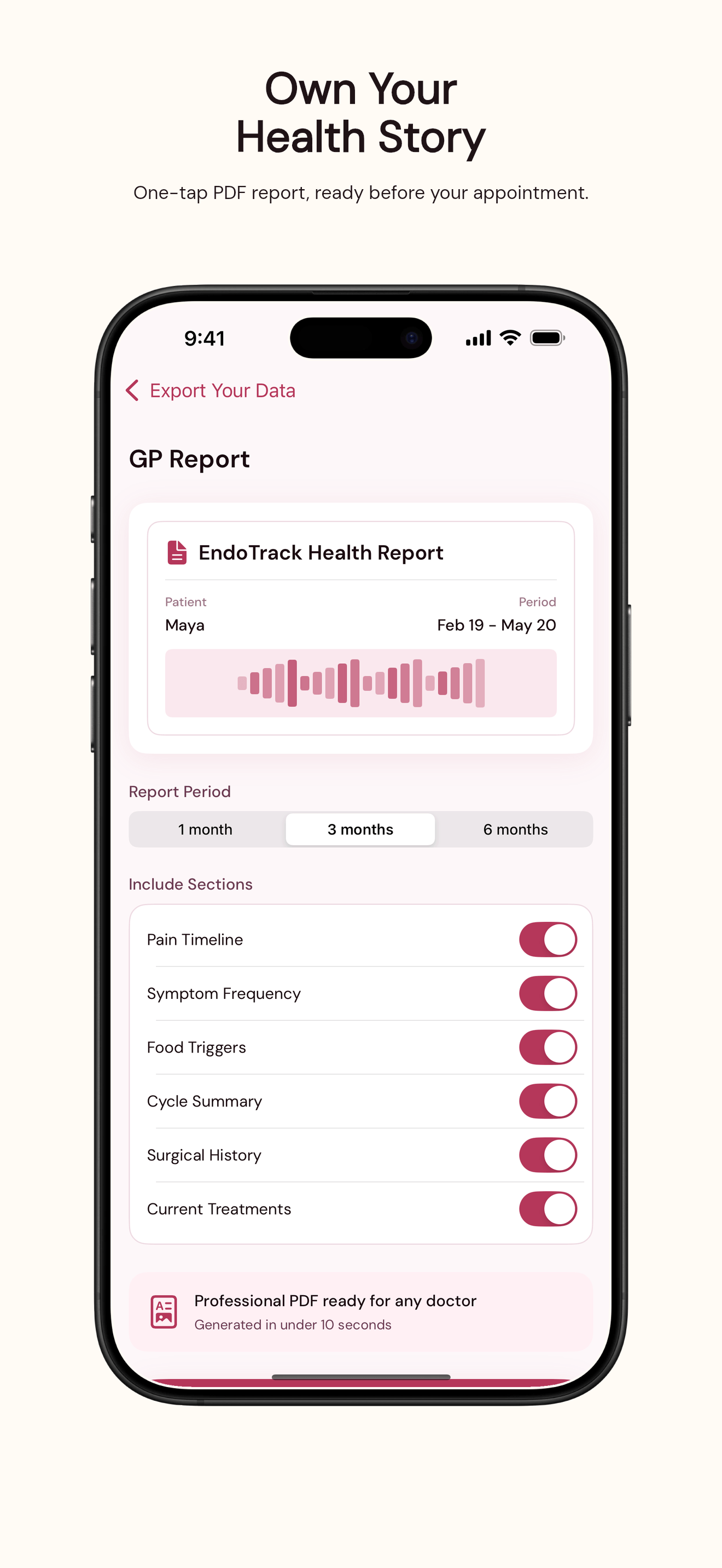 EndoTracking app screen generating a doctor-ready PDF report for an endometriosis specialist appointment